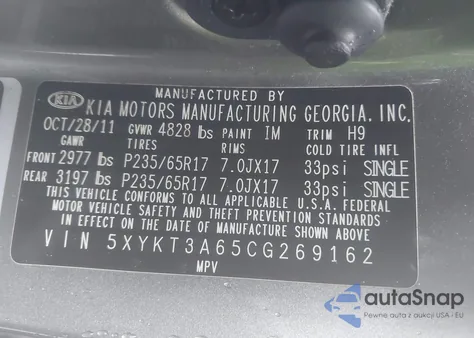 2012 Kia Sorento Lx from USA, damaged, VIN 5XYKT3A65CG269162